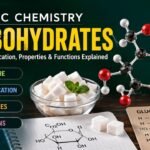 Organic Chemistry Carbohydrates showing structure, classification, properties, functions, monosaccharides, disaccharides, polysaccharides, and examples in a simple diagram.