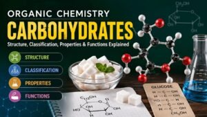 Organic Chemistry Carbohydrates showing structure, classification, properties, functions, monosaccharides, disaccharides, polysaccharides, and examples in a simple diagram.