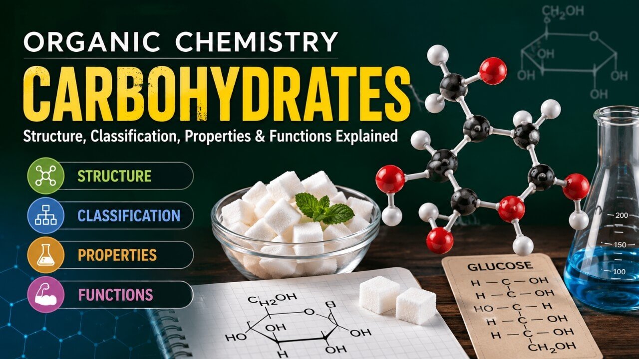 Organic Chemistry Carbohydrates showing structure, classification, properties, functions, monosaccharides, disaccharides, polysaccharides, and examples in a simple diagram.