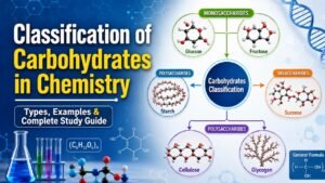 Classification of Carbohydrates in Chemistry showing Monosaccharides, Disaccharides, Oligosaccharides, and Polysaccharides with examples and structure diagram
