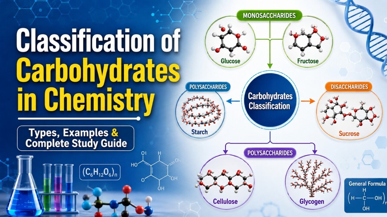 Classification of Carbohydrates in Chemistry showing Monosaccharides, Disaccharides, Oligosaccharides, and Polysaccharides with examples and structure diagram